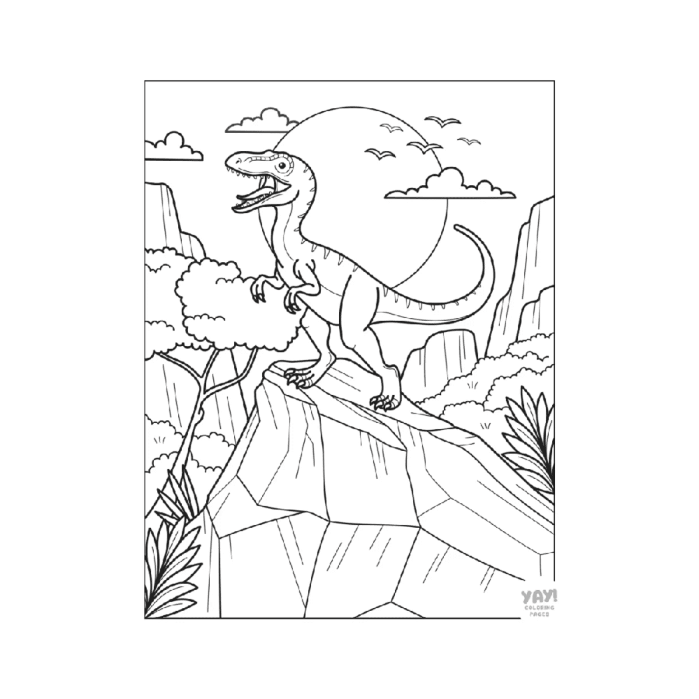 Basisonderwijs Werkblad | Kleurplaat van een Brullende Velociraptor op een Rots (Engelstalig)