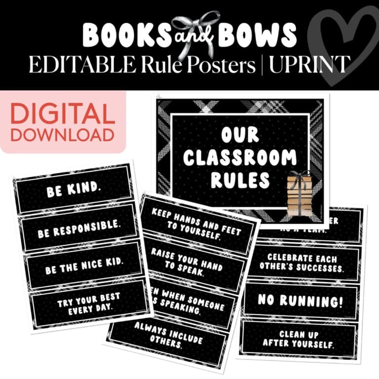 Basisonderwijs Poster | Printbare Zwart-Wit Bewerkbare Regelposters - Boeken en Strikken