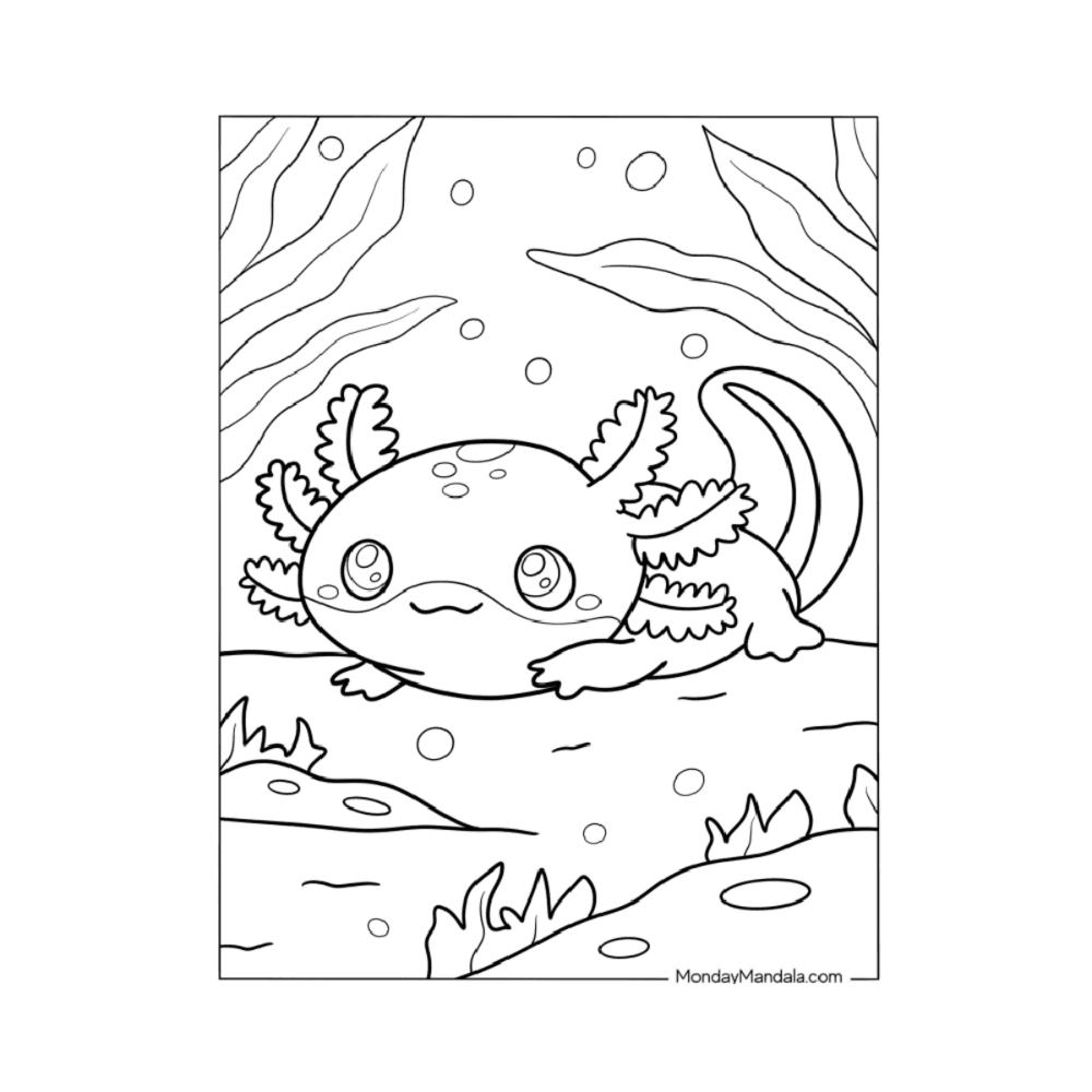 Basisonderwijs Werkblad | Kleurplaat van een Babyaxolotl Liggend voor Kinderen (Engelstalig)