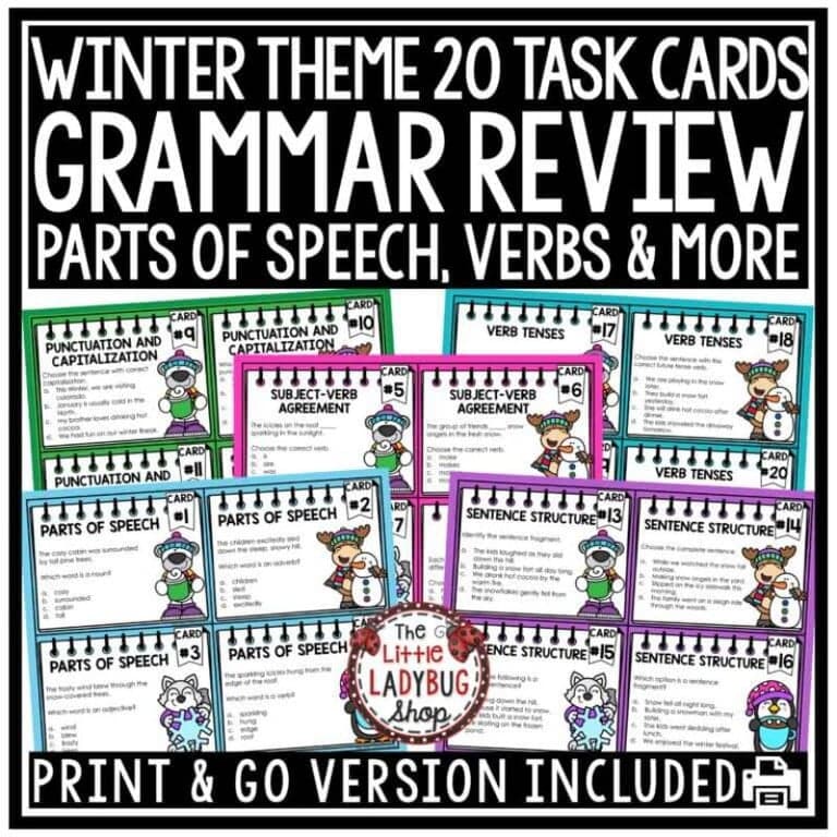 Basisonderwijs Materiaal | Winter Grammar Review Task Cards Spreekwoorddelen Werkwoorden
