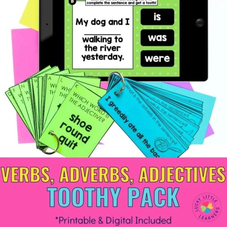Basisonderwijs Spel | Werkwoorden, Bijwoorden en Bijvoeglijke Naamwoorden Toothy® Pack - Printbare en Digitale Spellen
