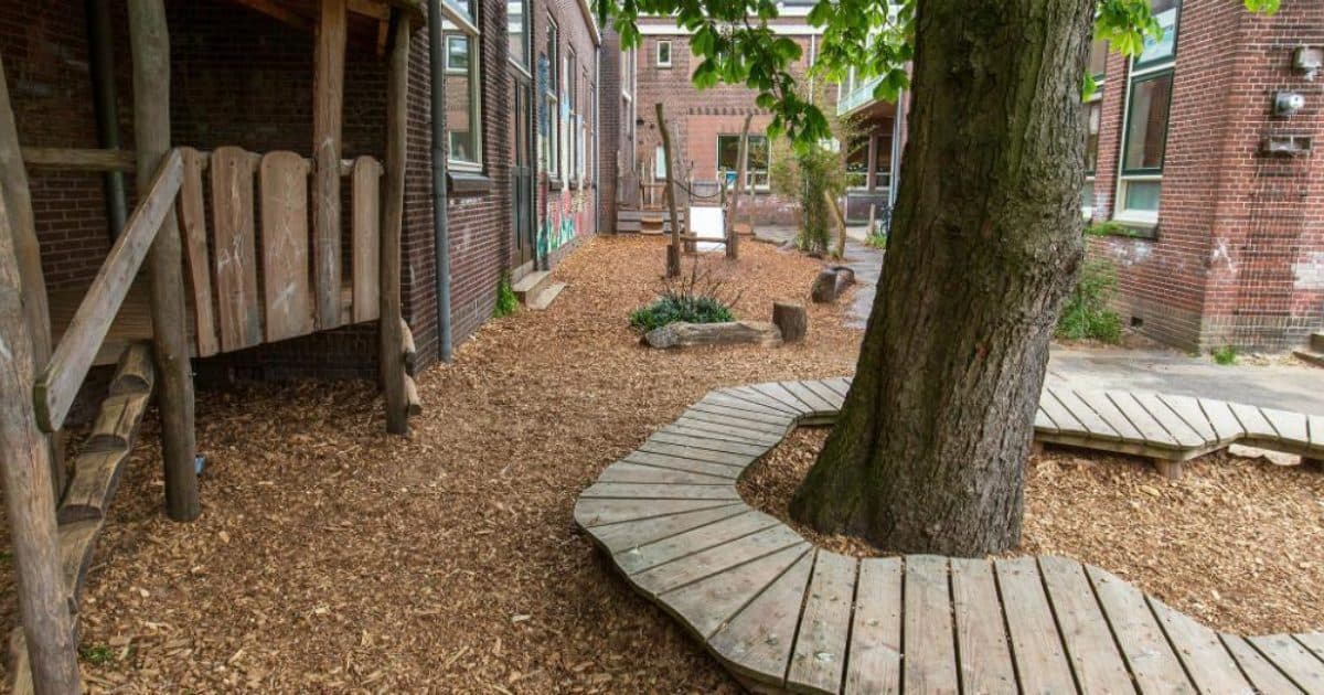 Meer groenblauwe schoolpleinen