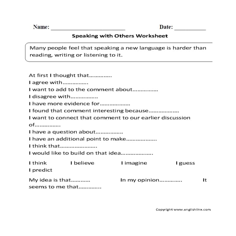 Basisonderwijs Werkblad | Spreken met Anderen Werkblad