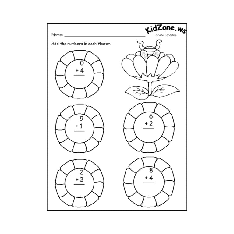 Basisonderwijs Werkblad | Optelsommen Groep 3, Bloementhema (Engelstalig)