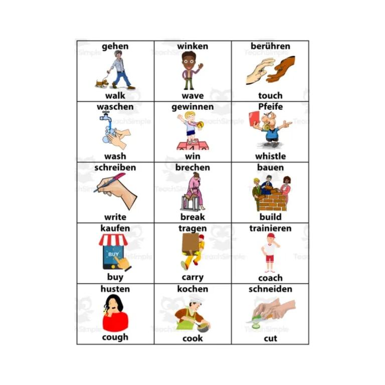 Basisonderwijs Flashcard | Engels-Duits Actie Werkwoorden ESL Woordenschat Flashcards voor Beginners