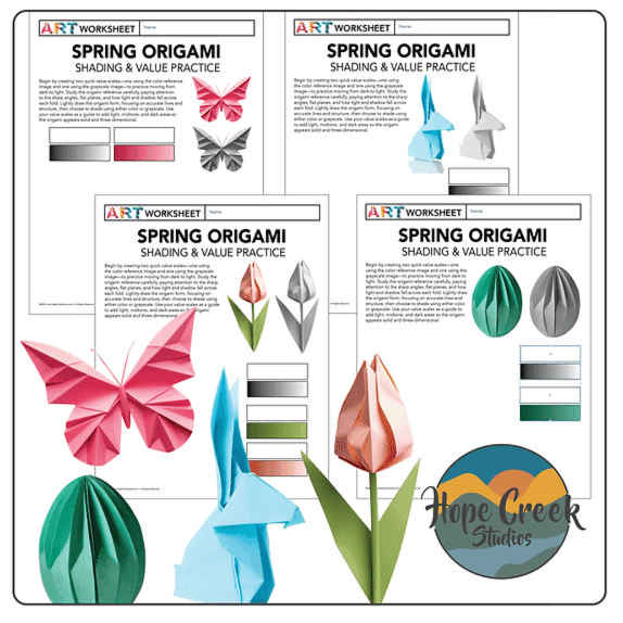 Basisonderwijs Werkblad | Lente- en Paas-Origami-Schaduwwerking - Oefening in Tekenen van Toonwaarde, Licht en Vorm (Engelstalig)