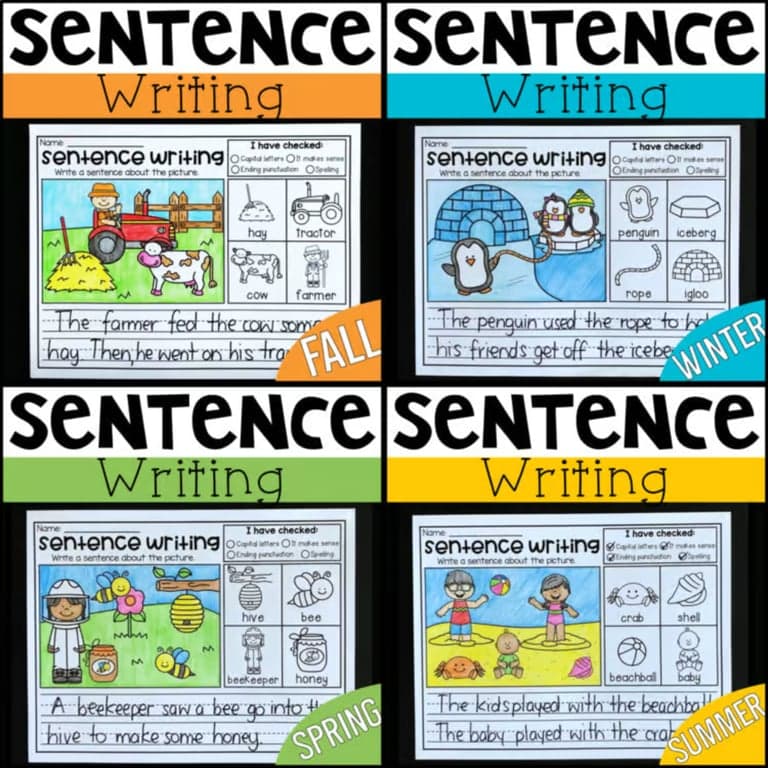Basisonderwijs Werkbladen | Werkbladen voor het Schrijven van Seizoenszinnen - Herfst, Winter, Lente en Zomer