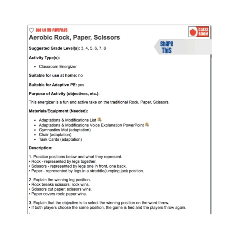 Basisonderwijs Lesidee | Aerobic Steen, Papier, Schaar (Engelstalig)