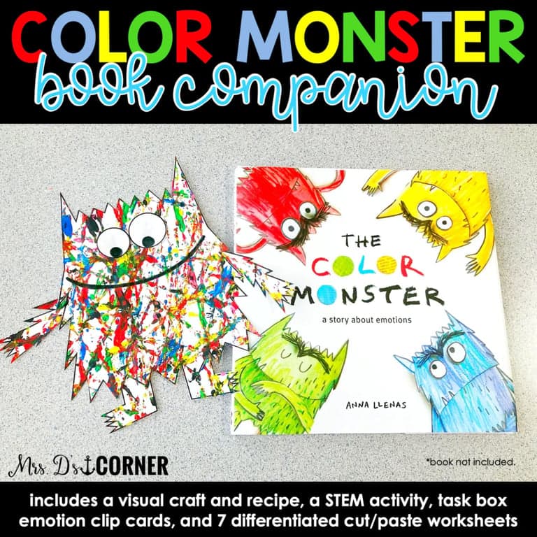 Basisonderwijs Lespakket | Kleurmonster Boekgenoot, Visueel Knutselwerk en Recept, en STEM-activiteit (Engelstalig)