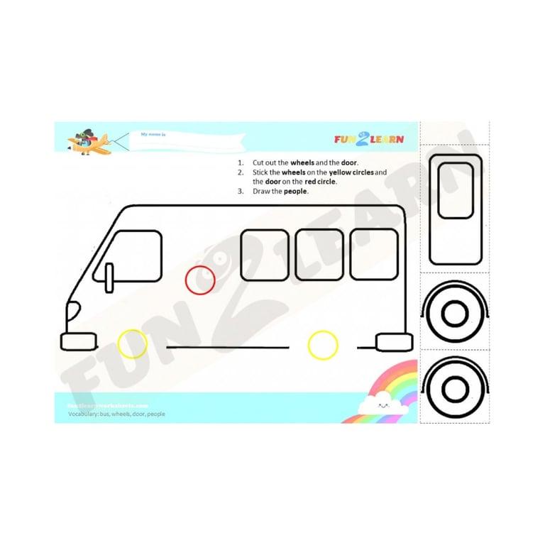 Basisonderwijs Werkblad | Kleur, Knip, Plak en Teken Werkblad - Bus, Wielen, Deur en Mensen