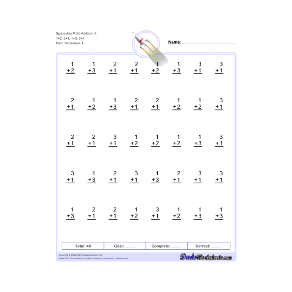 Basisonderwijs Werkblad | Ruimteschip Wiskunde Optellen A, 1+2, 2+1, 1+3, 3+1 (Engelstalig)